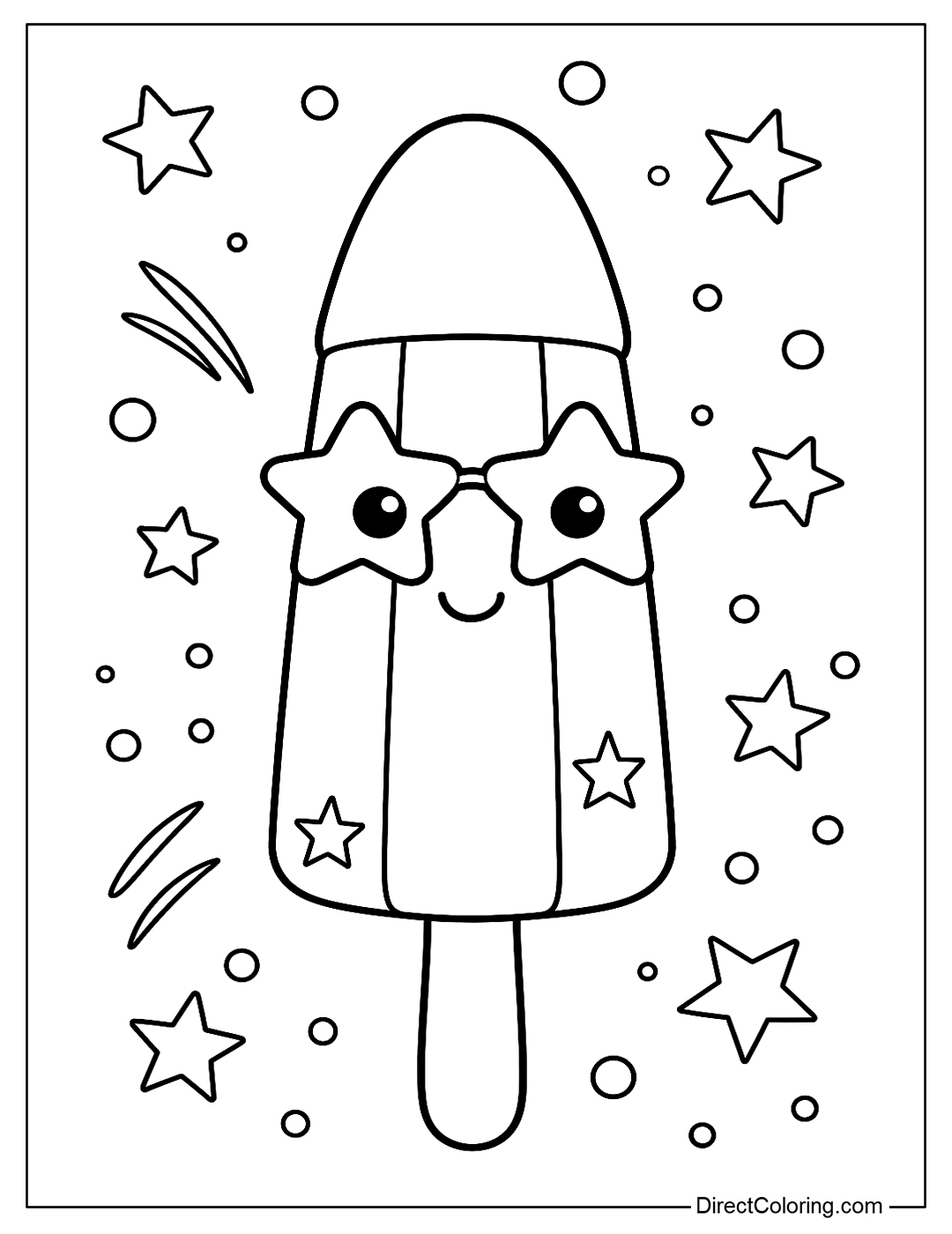 A red, white, and blue rocket popsicle coloring page with a cute face, falling stars, and bubbles.